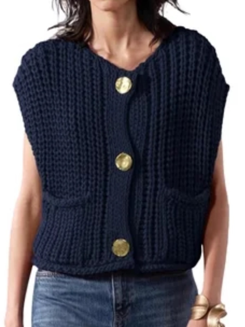 Chunky Knit Cropped Sleeveless Sweater Vest - Navy